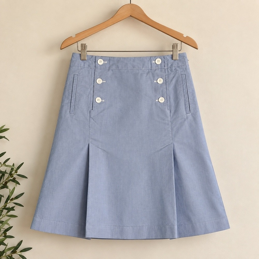 Talbots Light Blue Oxford Cotton Sailor Skirt Size 8 Pleated A-Line Button Front